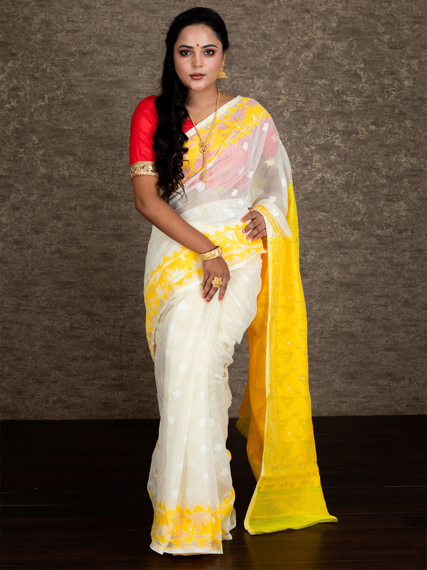 white-silver soft jamdani, white self jamdani saree