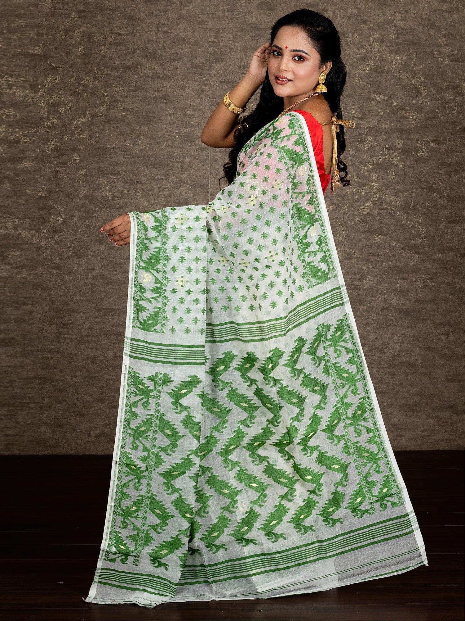 White Dhakai Jamdani with Pink Motifs – Parinita Sarees and Fashion