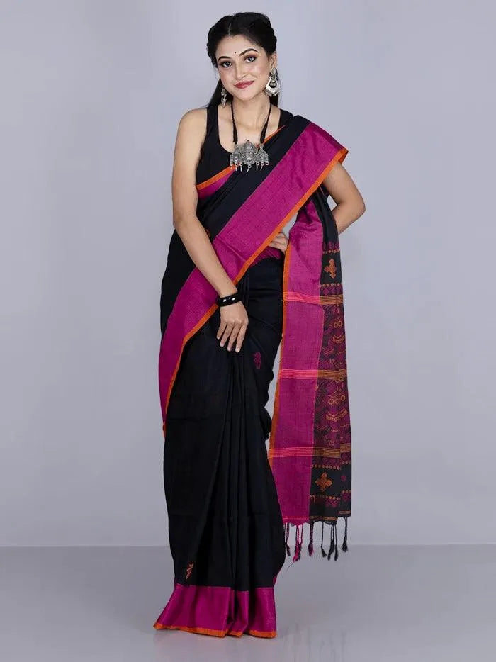 Wonderful Black Par Anchal Buti Cotton Saree - WeaversIndia