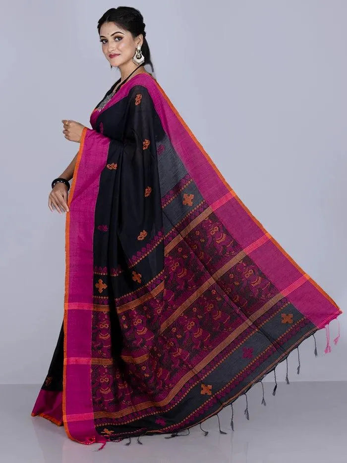 Wonderful Black Par Anchal Buti Cotton Saree - WeaversIndia