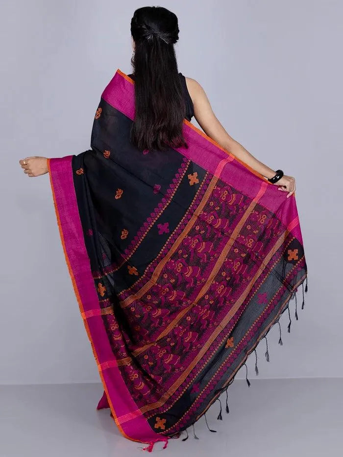 Wonderful Black Par Anchal Buti Cotton Saree - WeaversIndia