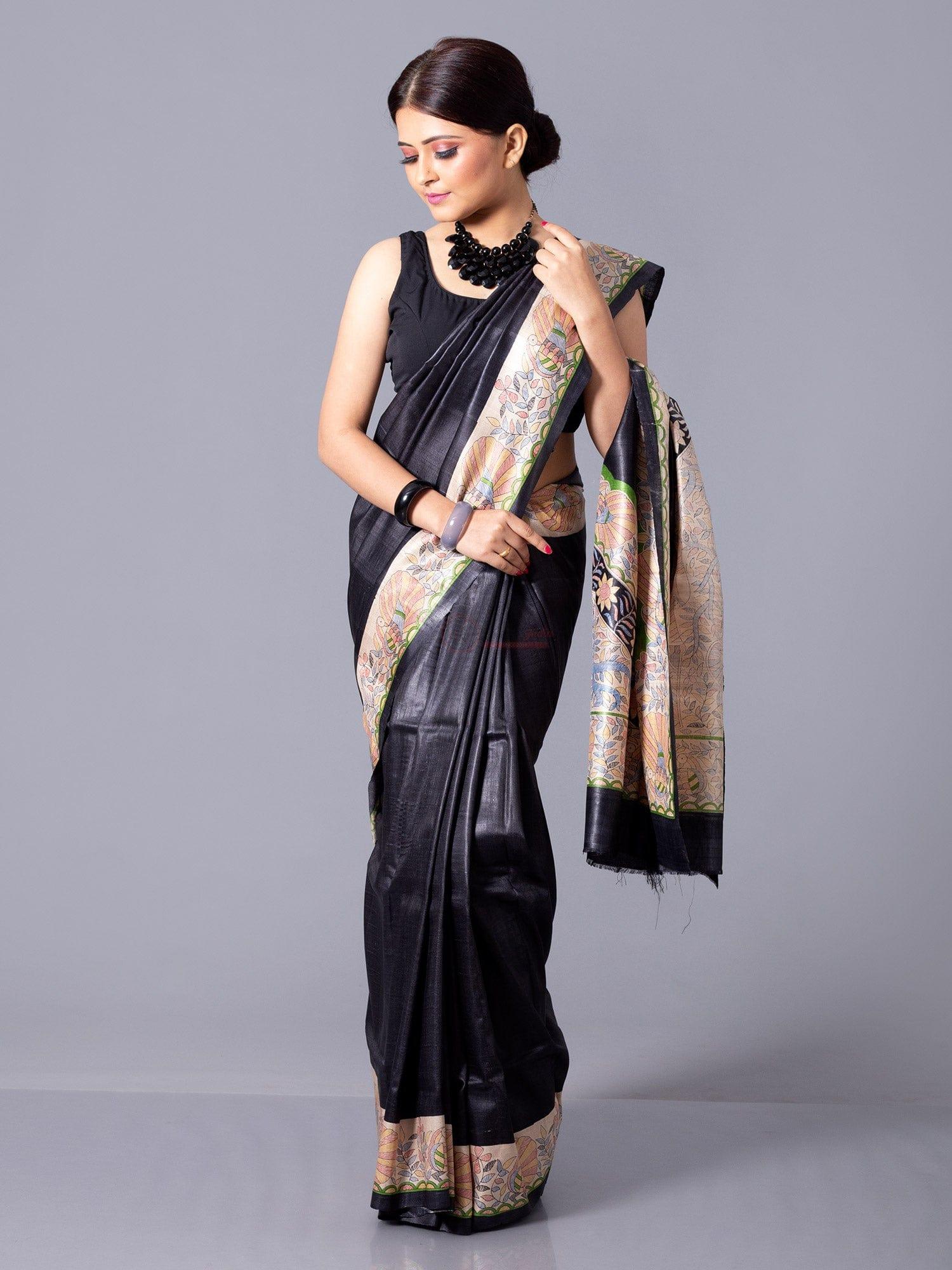 Wonderful Black Par Anchal Madhubani Printed Tussar Silk Saree - WeaversIndia