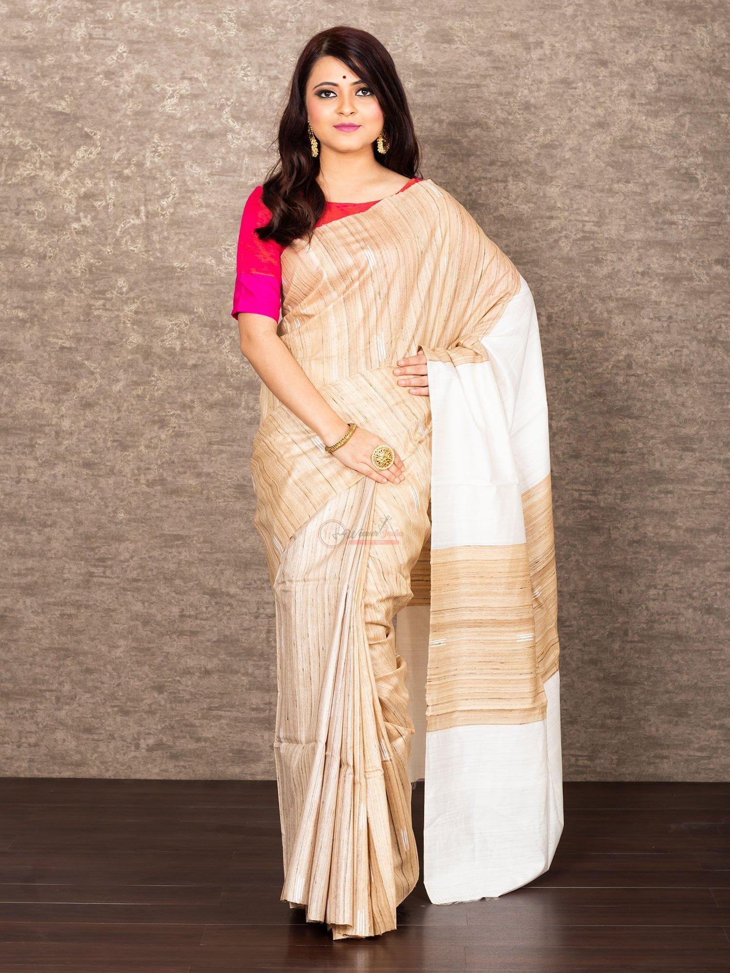 Grey and White Tussar Ghicha Silk Saree || Peepal Clothing