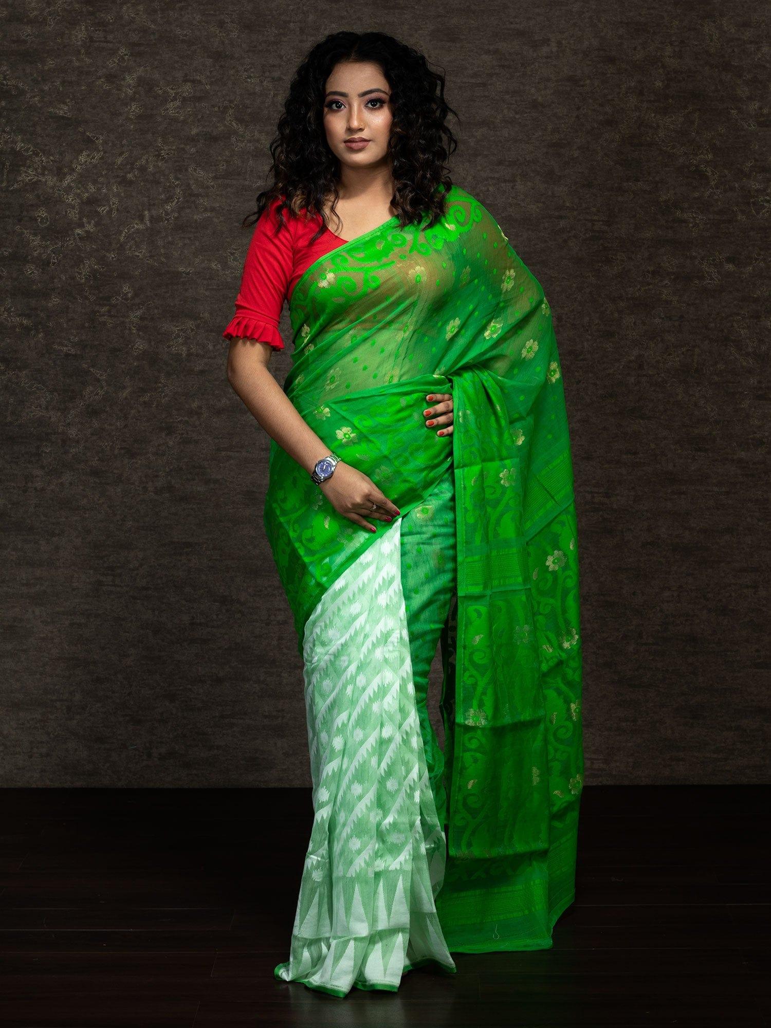 Wonderful Half Half Green Mint Soft Dhakai Jamdani Saree - WeaversIndia