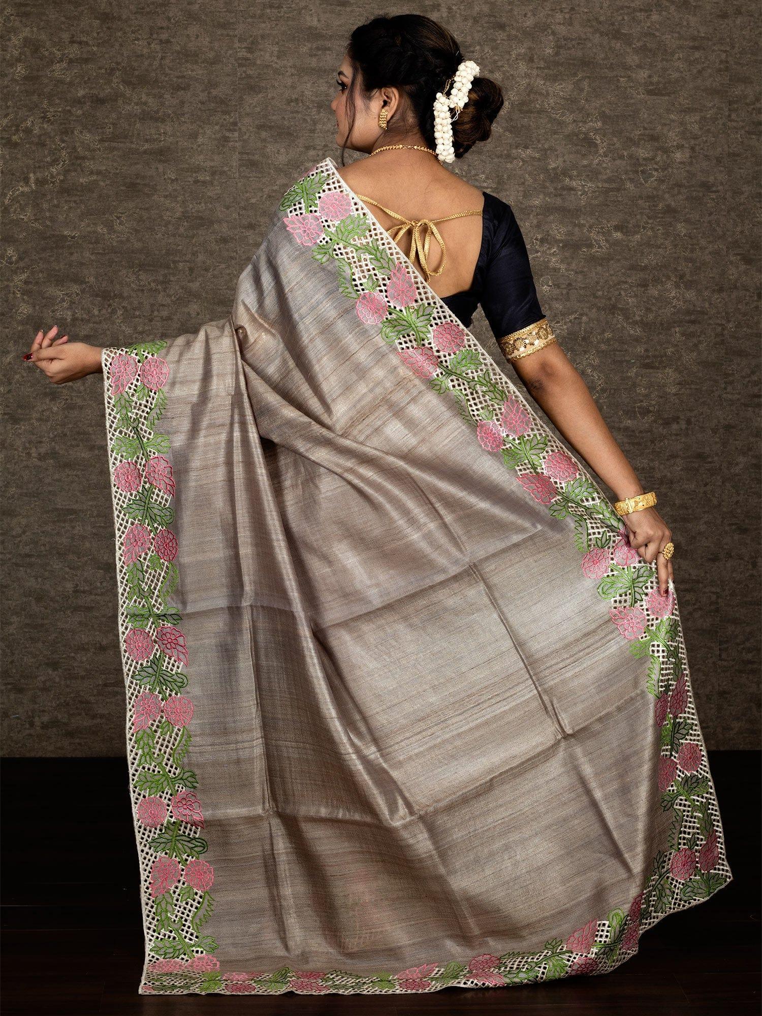 Wonderful Khaki Embroidered Cutwork Tussar Silk Saree - WeaversIndia