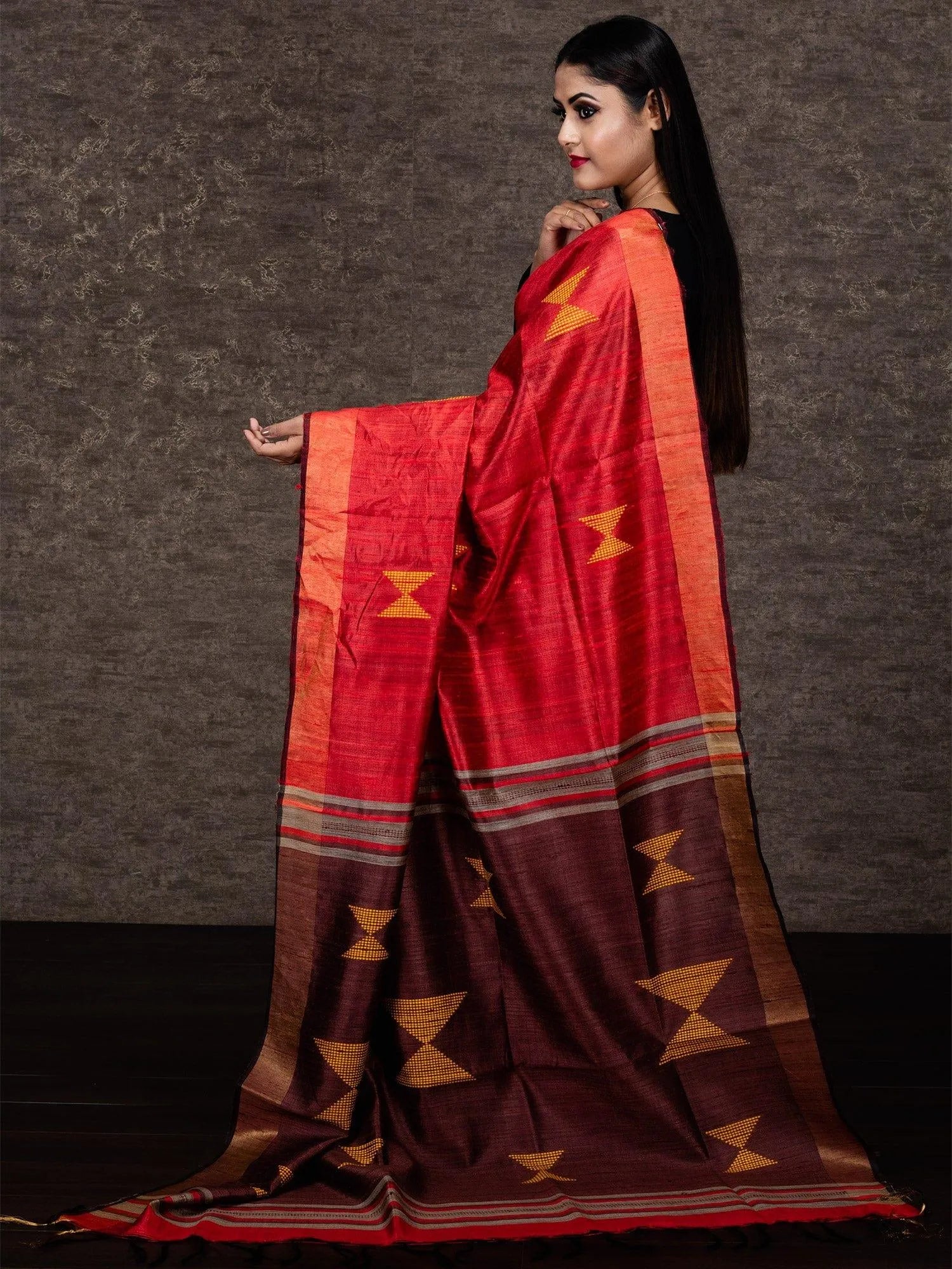 Wonderful Red Orange Dupion Silk Saree - WeaversIndia