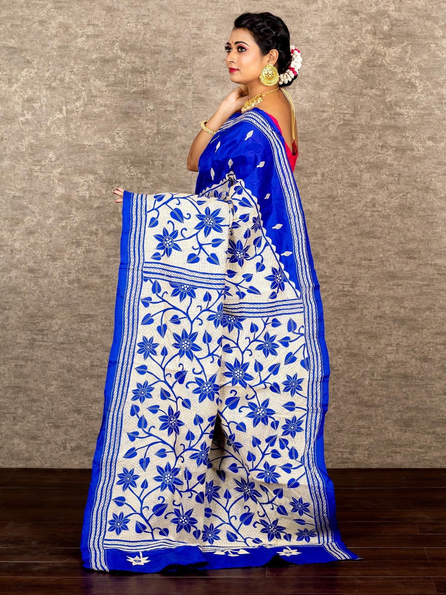 Wonderful Royal Blue Reverse Kantha Stitch Bangalore Silk Saree - WeaversIndia