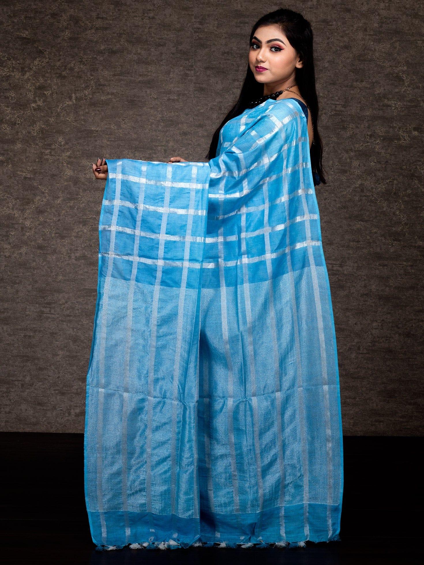 Wonderful Sky Blue Woven Jari Checks Slab Cotton Saree - WeaversIndia