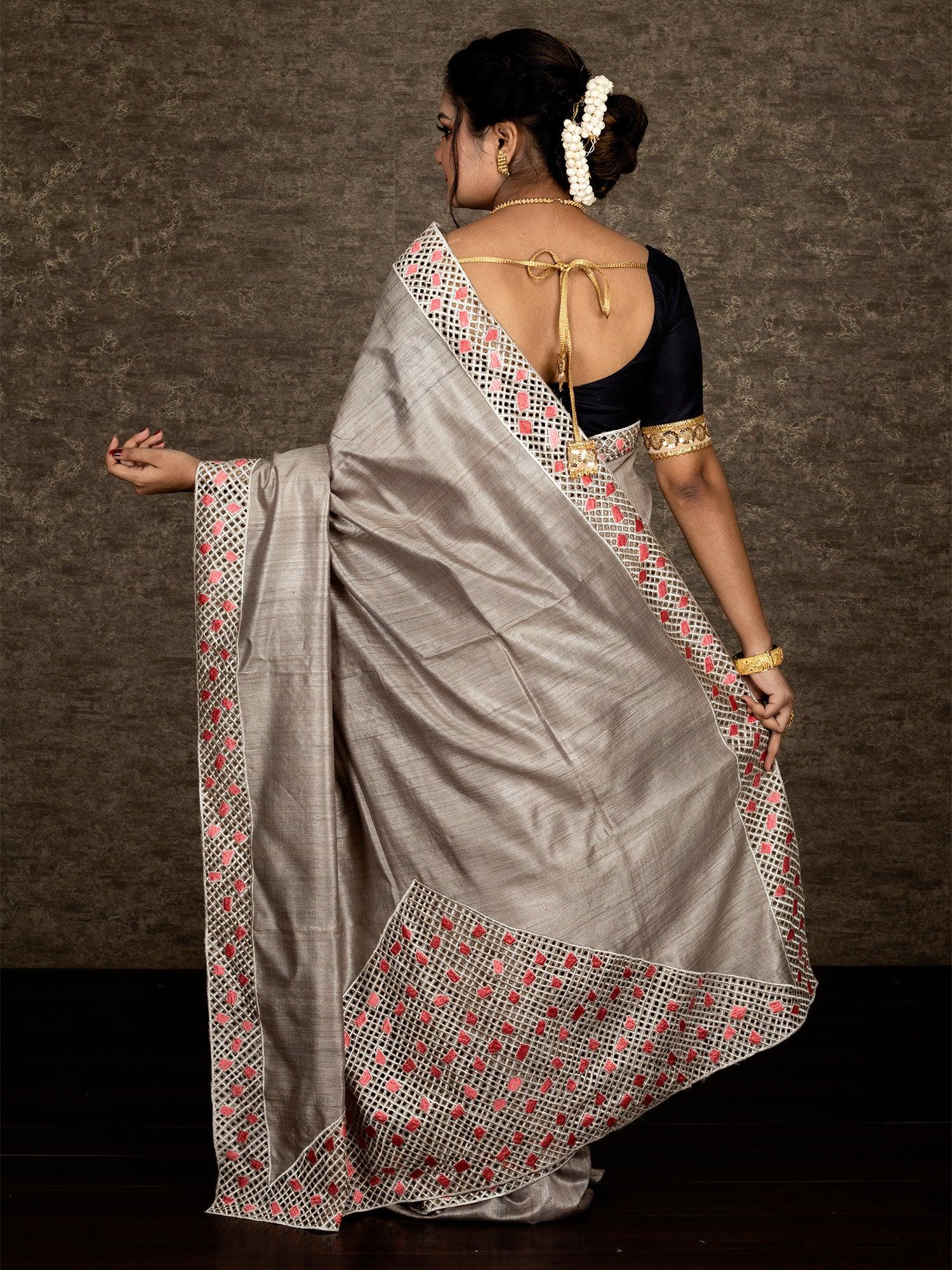 Wonderful Still Grey Embroidered Cutwork Tussar Silk Saree - WeaversIndia