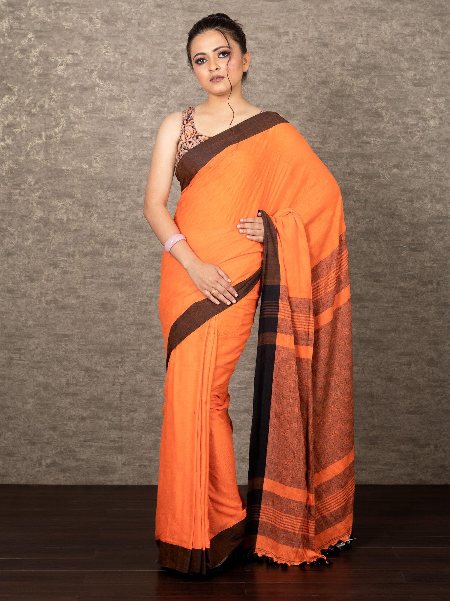 Woven Box Motif Orange Handwoven Khadi Cotton Saree - WeaversIndia