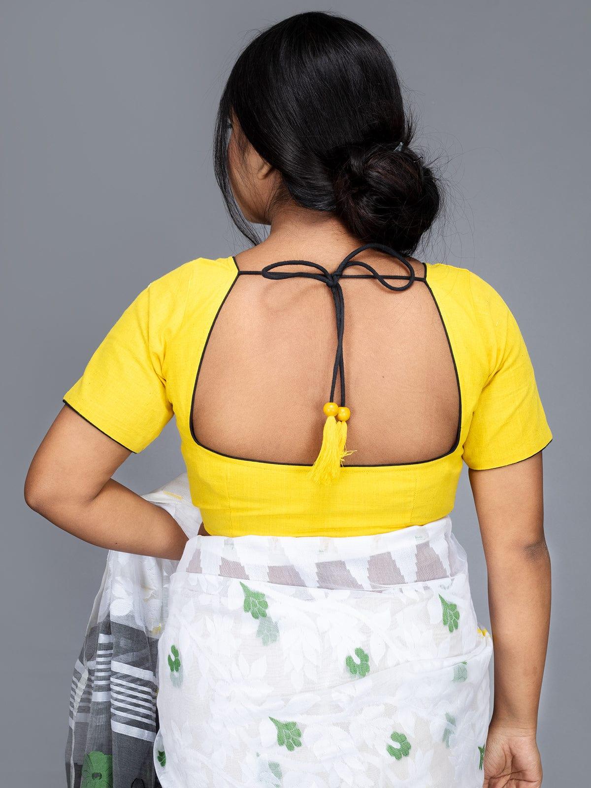 Yellow Handoven Cotton Blouse - WeaversIndia