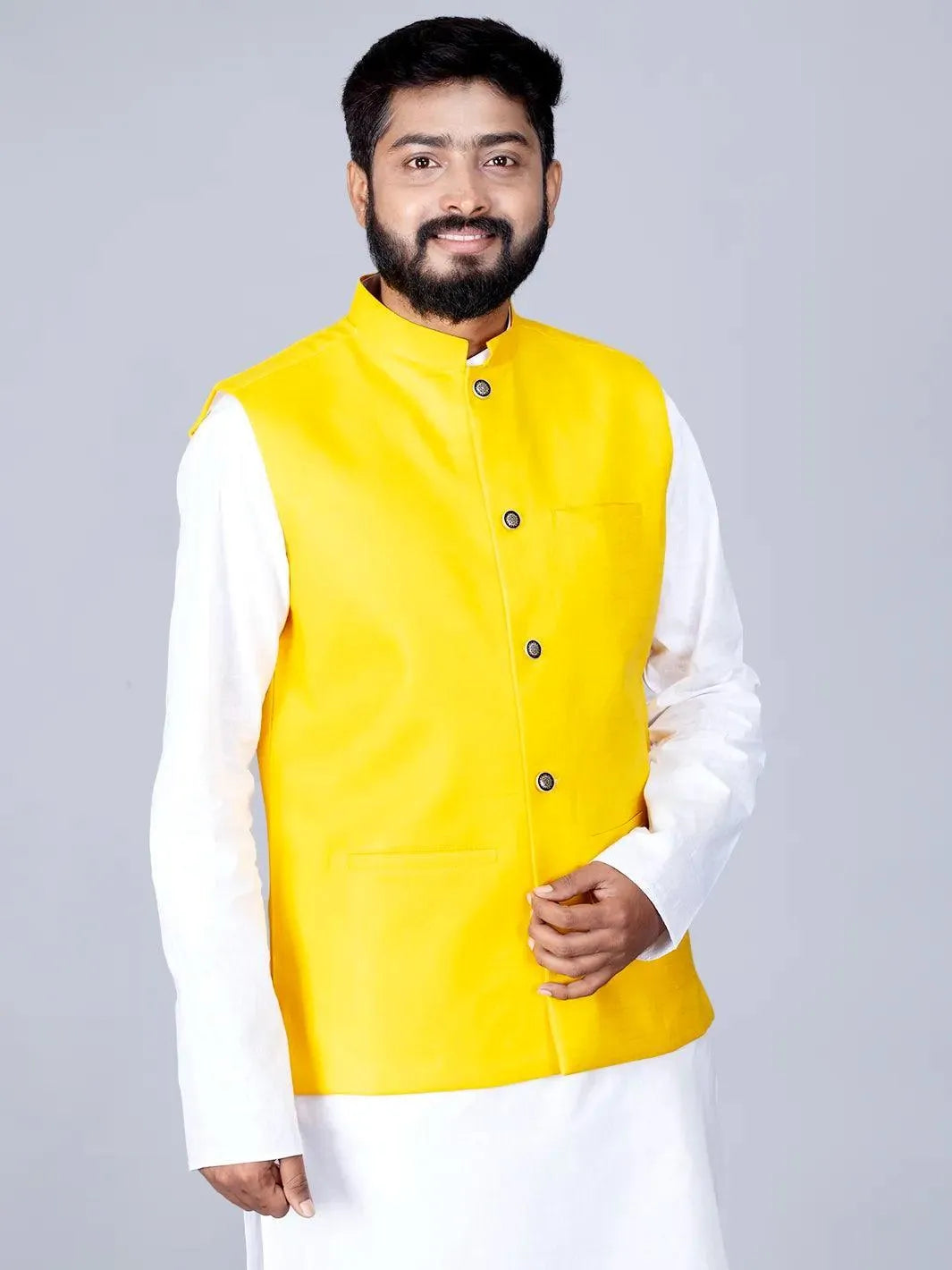 Yellow Handwoven Cotton Modi Jacket - WeaversIndia