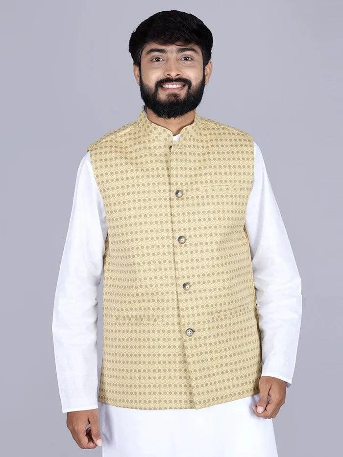 Yellow Printed Poly Cotton Modi Jacket - WeaversIndia