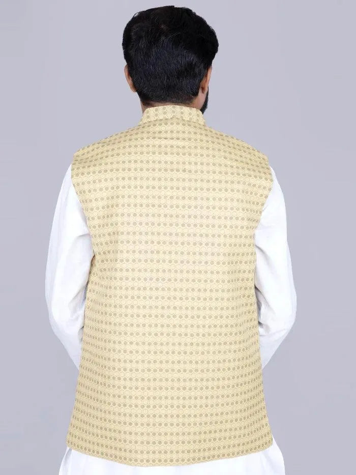 Yellow Printed Poly Cotton Modi Jacket - WeaversIndia