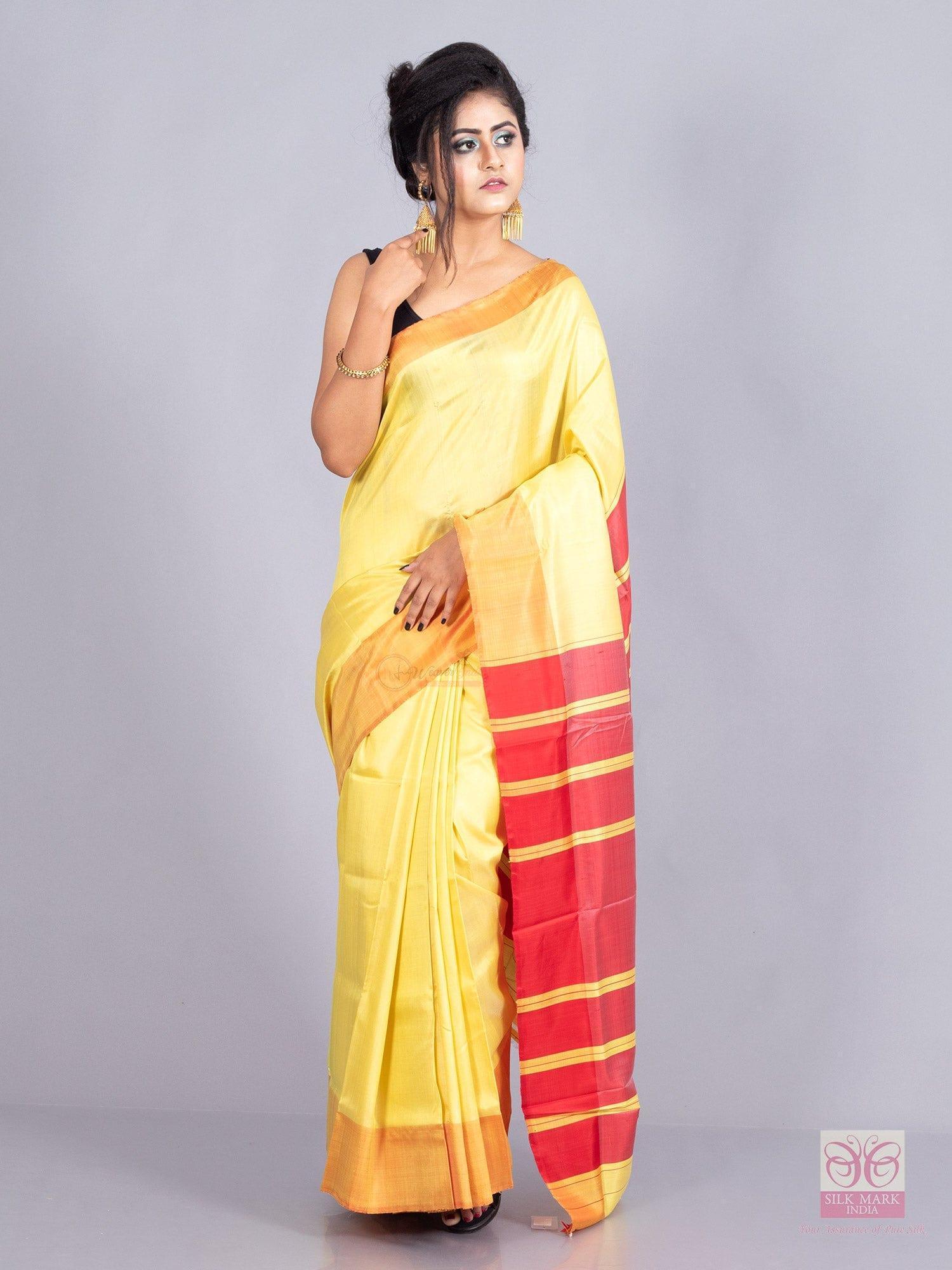 Yellow Rose Colour Par Anchal Bishnupuri Katan Silk Saree - WeaversIndia