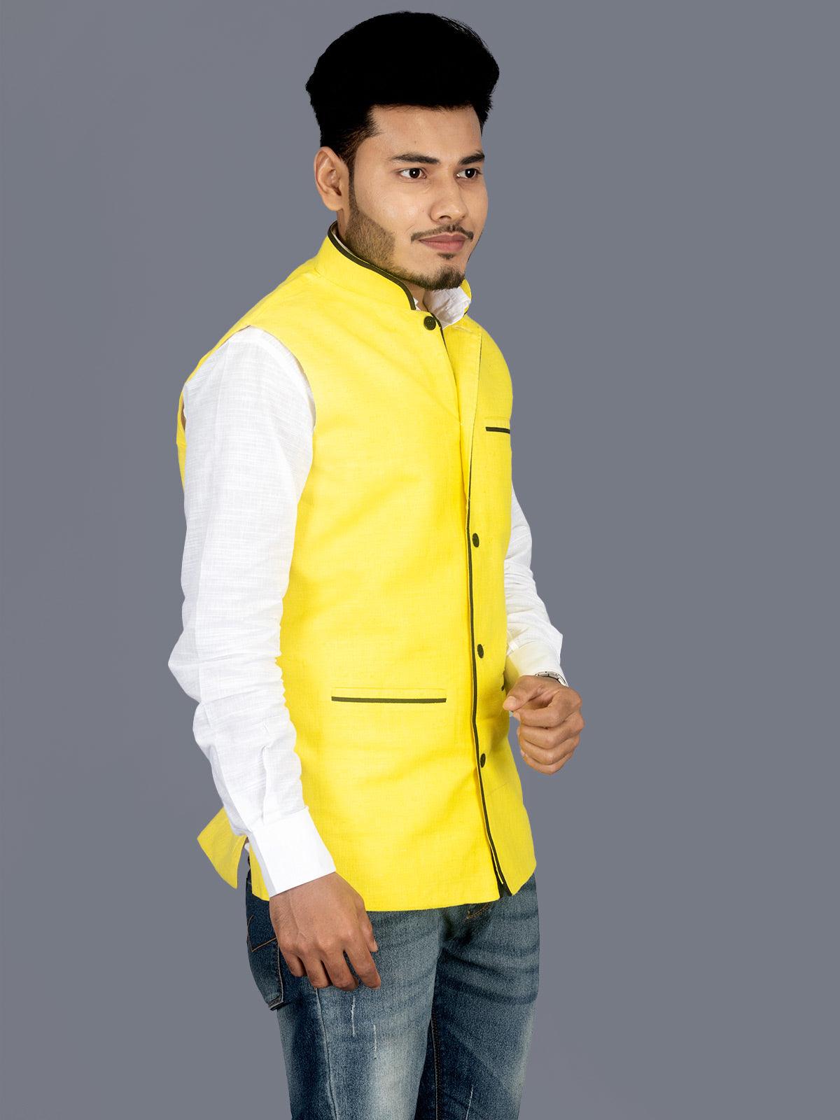 Yellow Solid Matka Silk Modi Jacket - WeaversIndia