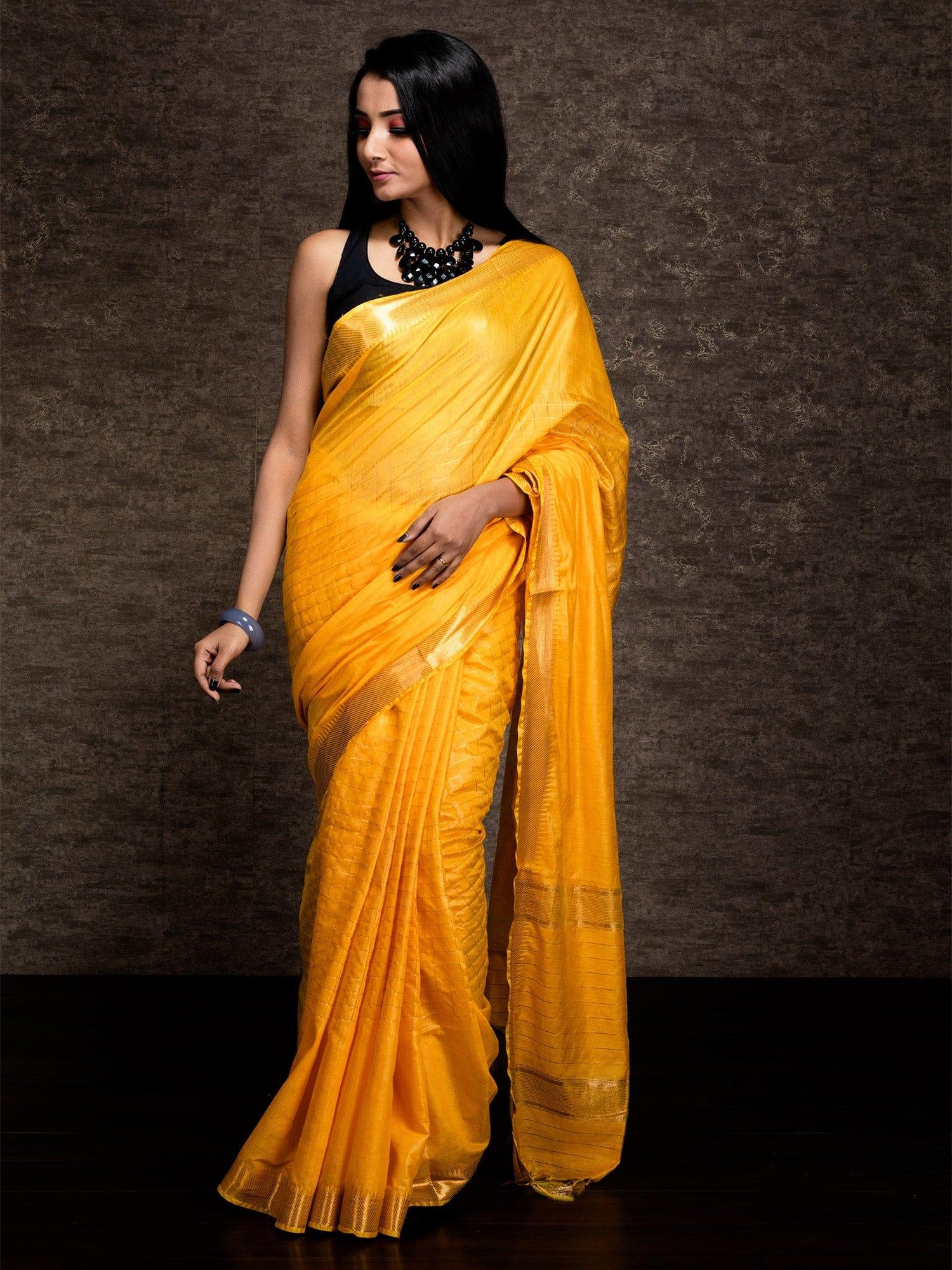 Yellow Woven Jari Checks Bhagalpuri Silk Saree - WeaversIndia