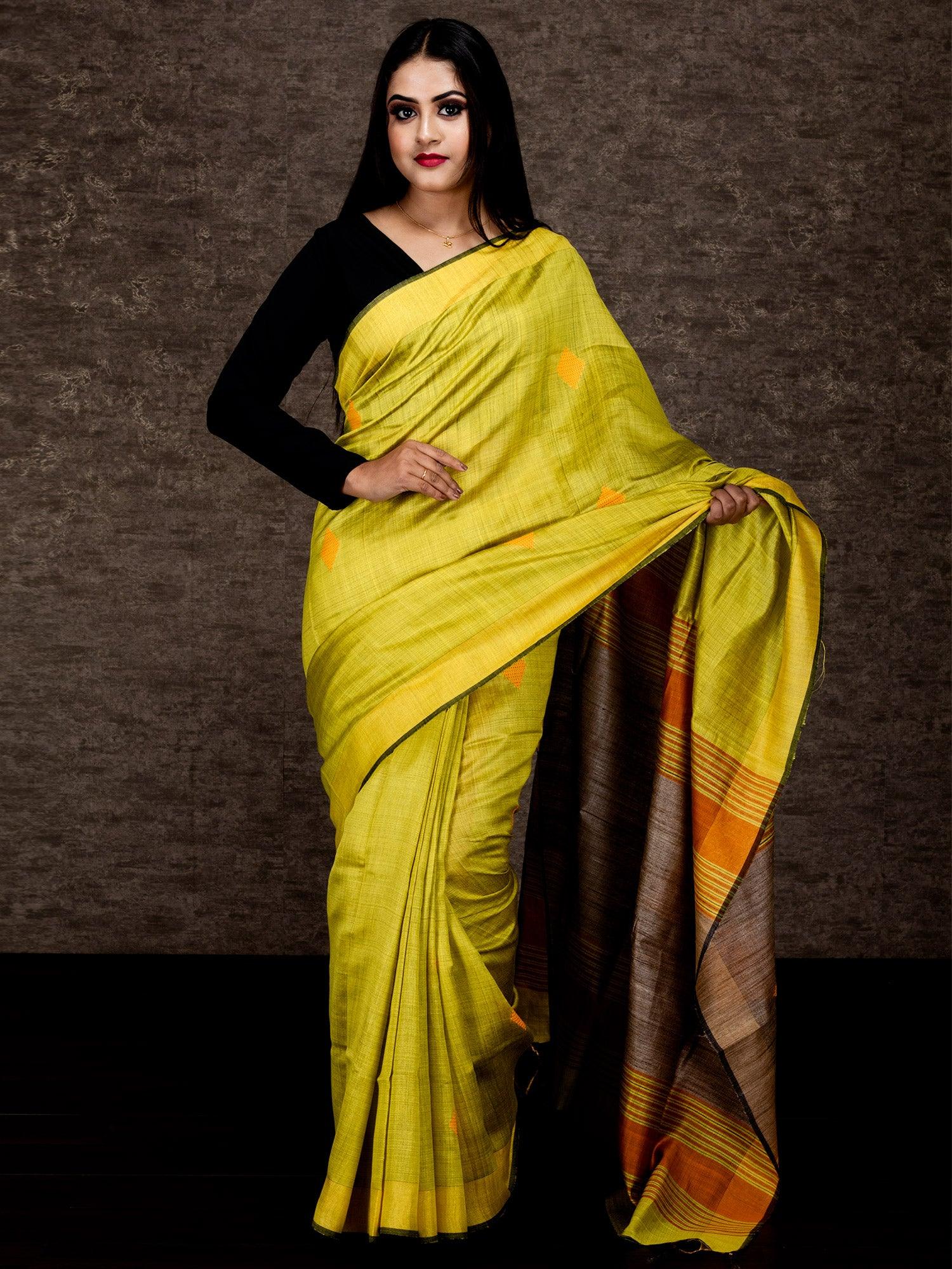 Yellow Woven Par Anchal Viscose Tussar Silk Saree - WeaversIndia