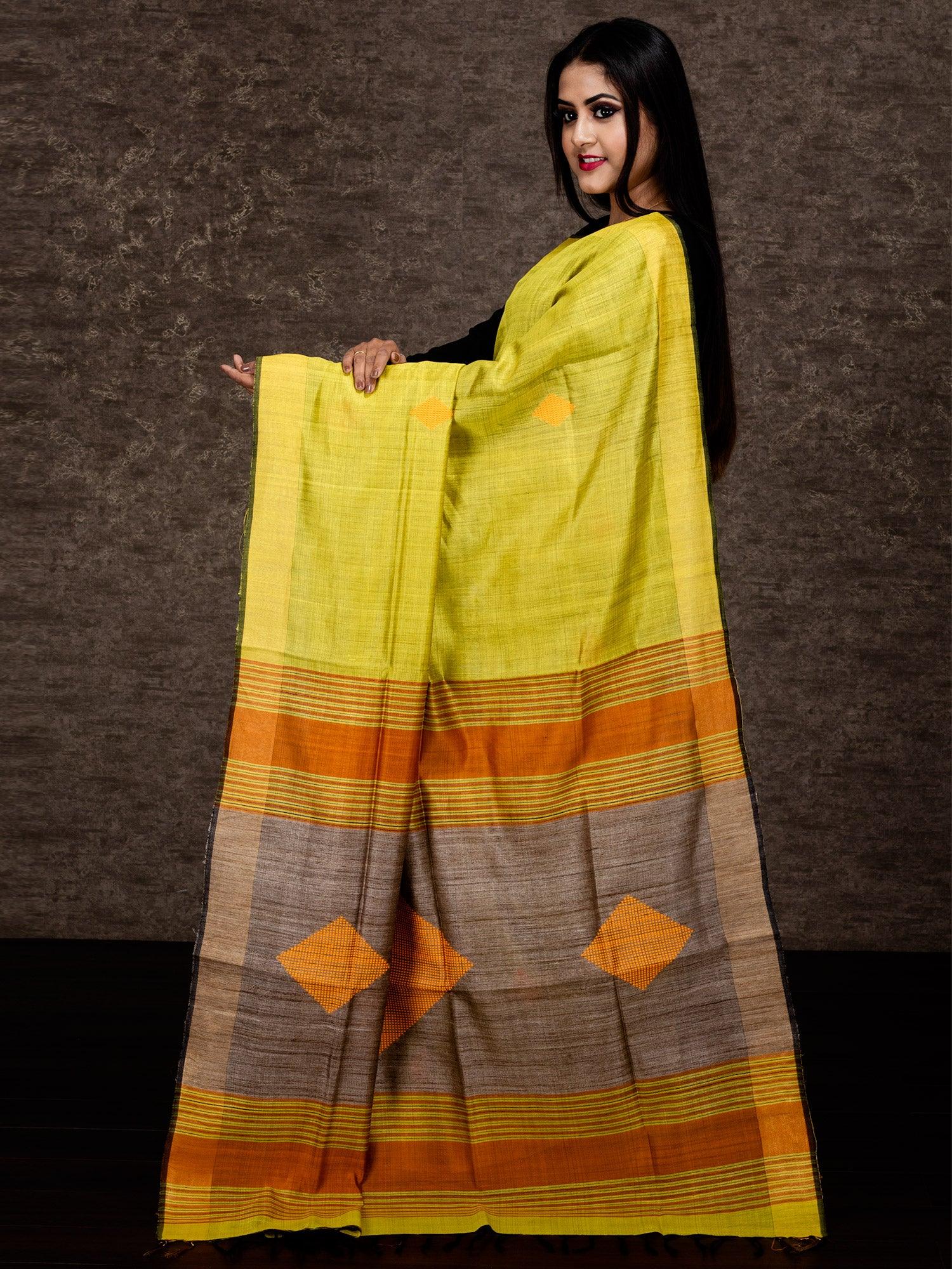 Yellow Woven Par Anchal Viscose Tussar Silk Saree - WeaversIndia