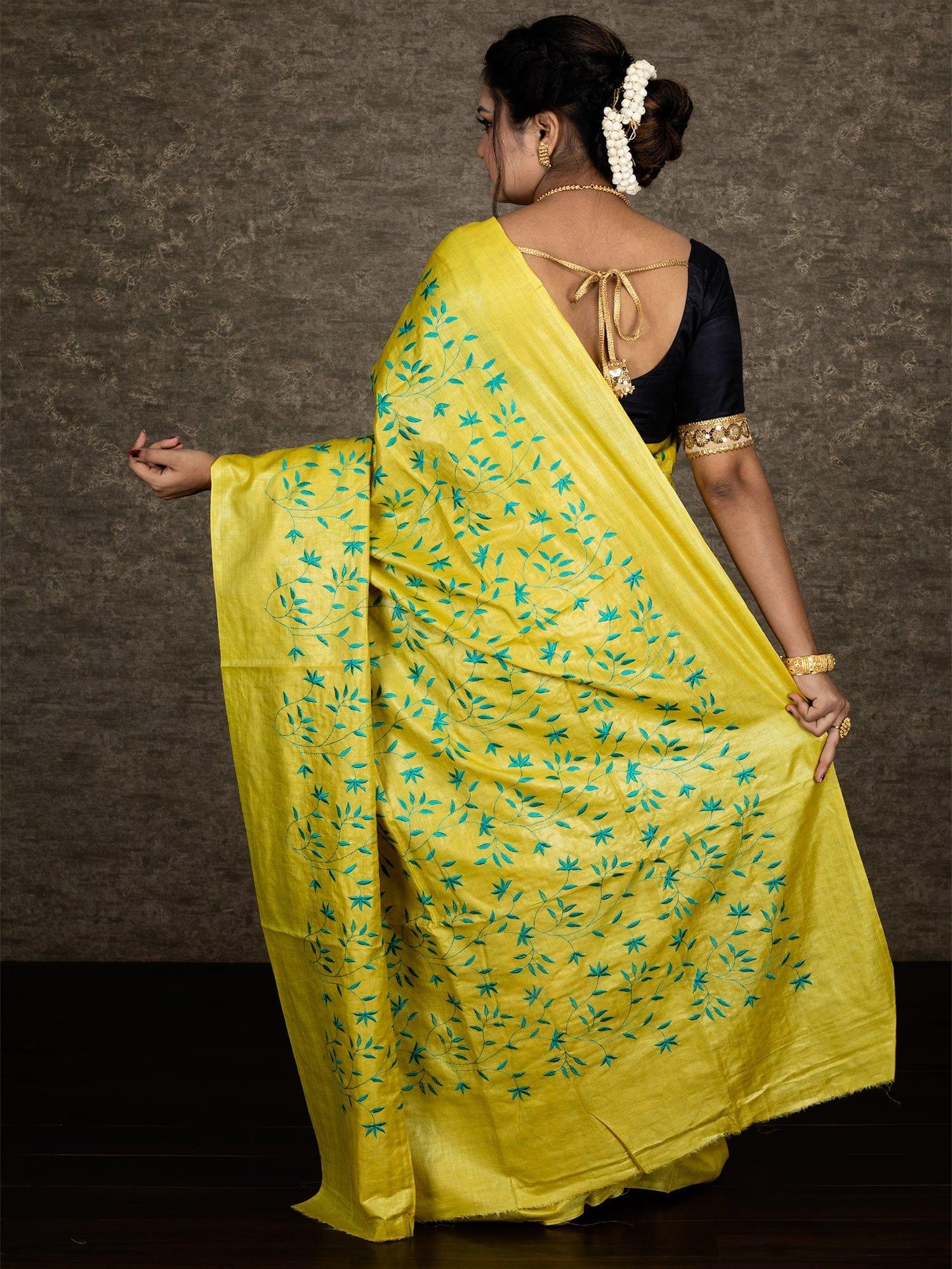 Yelow Allover Embroidered Tussar Silk Saree - WeaversIndia